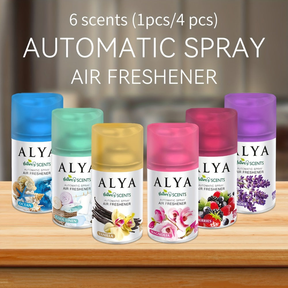 Automatic Spray Air Freshener Refill 8.45oz 1pc or 4pcs - 6 Scents Lavender Vanilla Cool Linen Ocean Mixed Berries Magnolia, Odor Fighting Room Spray for Car Office Home Bathroom Kitchen Fabric Closet