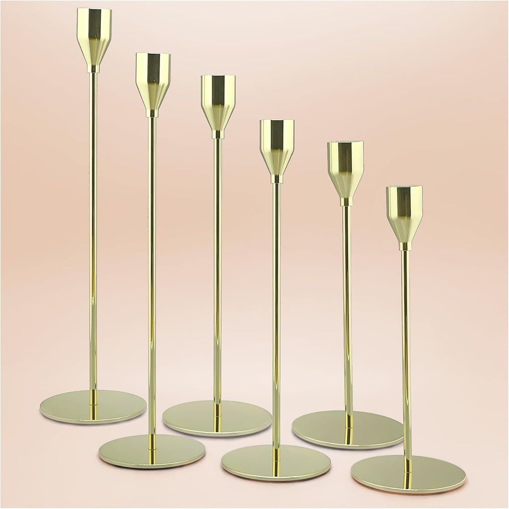 Taper Candlestick Holders Set of 6 - Decorative Metal Candle Holder Stand for Home Decor Wedding Dining Table Centerpiece Party Anniversary Event, Gold Rose Gold Black (Candles Not Included)