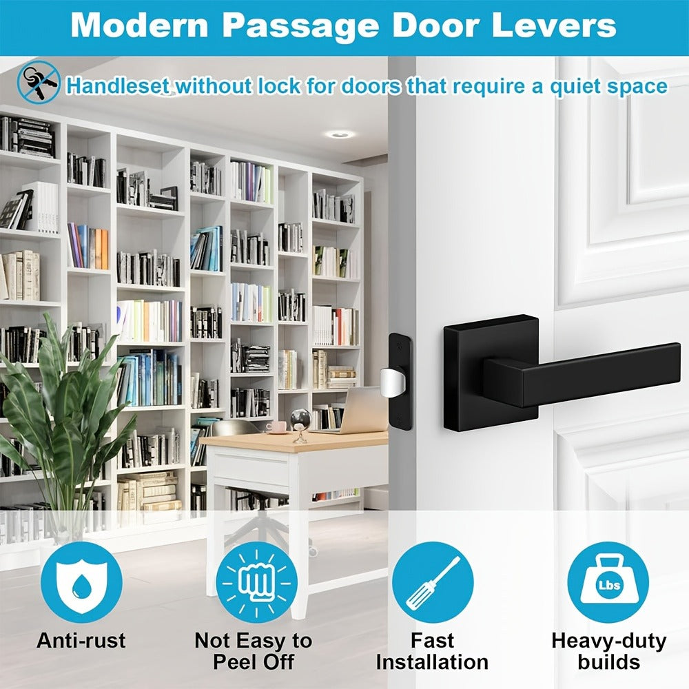 Matte Black Square Door Handle Set ¨C Interior Passage Door Knob for Hall & Closet, Heavy-Duty Left & Right Hand Compatible, Modern Hardware