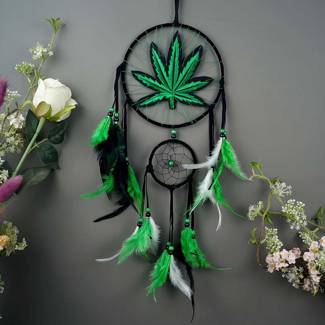 Bohemian Dream Catcher with Feathers & Leaf Embroidery ¨C Boho Wall Hanging Decor for Bedroom, Bedside, Cabin & Living Room ¨C Handcrafted Woven Dreamcatcher Gift for Women and Men