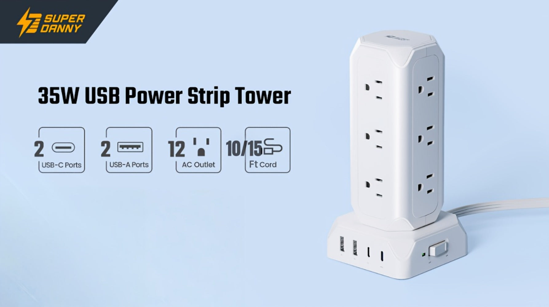 Power Strip Tower 16-in-1 Surge Protector 12 AC Outlets 4 USB Ports USB-C PD20W 1800J Protection Desktop Charging Station 10ft or 15ft Extension Cord for Office School Dorm White