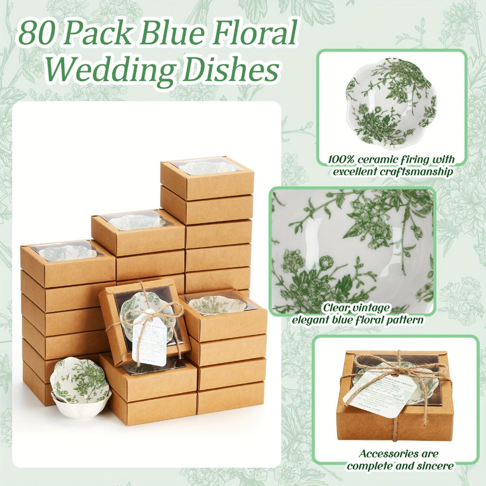 Wedding Favors for Guests 80 Pack Small Ceramic Bowls Bulk Set | 3.3 Inch Green Verdure Mini Dipping Bowl Sauce Dish with Cards & Box for Party Shower Souvenir