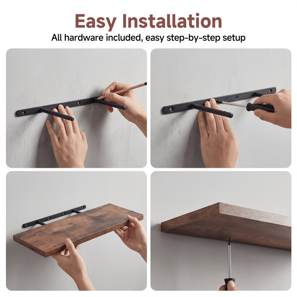 Floating Shelves for Wall 4pcs 15.8in ¨C Wall Mounted Shelf with Invisible Bracket for Bathroom, Living Room, Bedroom, Kitchen, Office Decor | Brown, White, Black