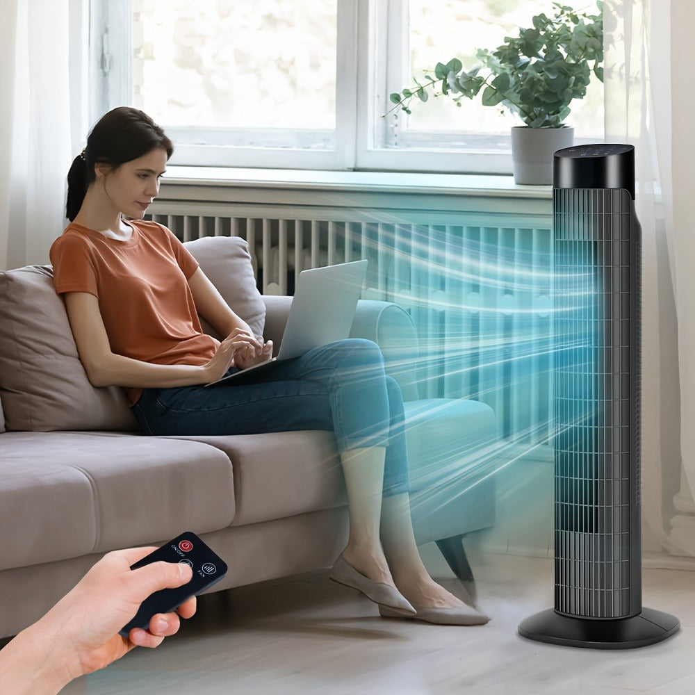 Tower Fan 31 Inch Bladeless | 80¡ã Oscillating Standing Fan with Remote Control, 7.5H Timer & 3-Speed Settings, Quiet Cooling Fan for Bedroom, Living Room & Office ¨C Black & White