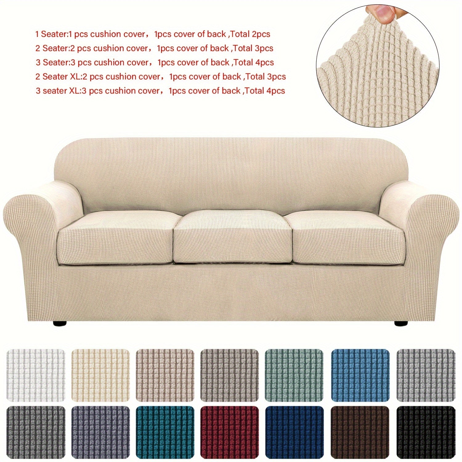 Stretch Sofa Cover Elastic Slipcover Grid Pattern Jacquard Anti-Slip Full Coverage Sofa Protector Machine Washable for 1 2 3 Seater XL Sofa Living Room Bedroom
