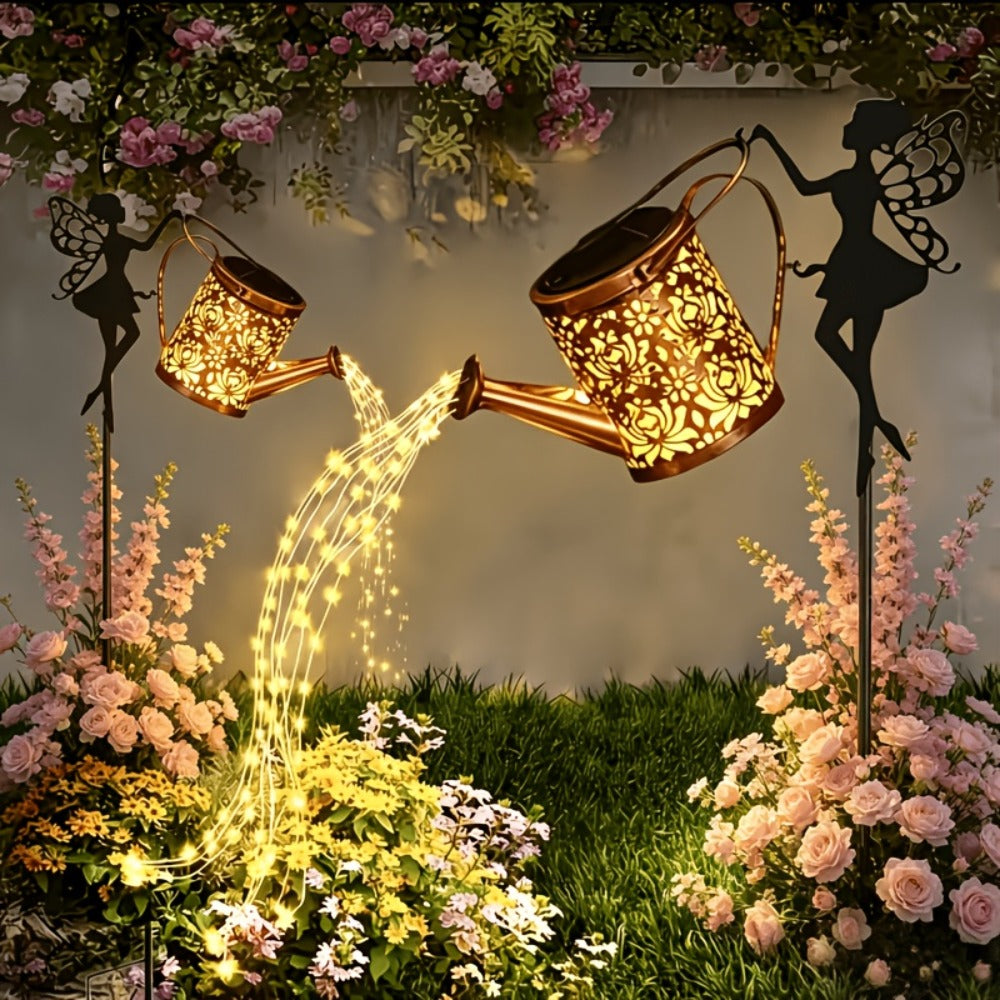 Solar Watering Can Lights 2pcs Garden Waterfall, IP65 Waterproof Hanging Solar String Lights with Ground Plug for Outdoor Lawn, Patio & Holiday Decor, Christmas Garden Gift