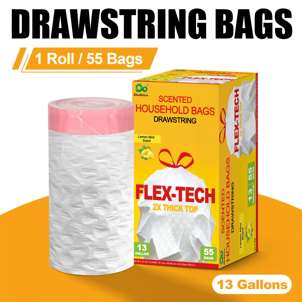 13 Gallon Trash Bags Drawstring Expandable Puncture Tear Resistant Leak-Proof Deodorizing Fresh Lemon Scent Super Durable Kitchen Garbage Bags for Kitchen Garden Large Trash Bins White 20 55 110 165 Count