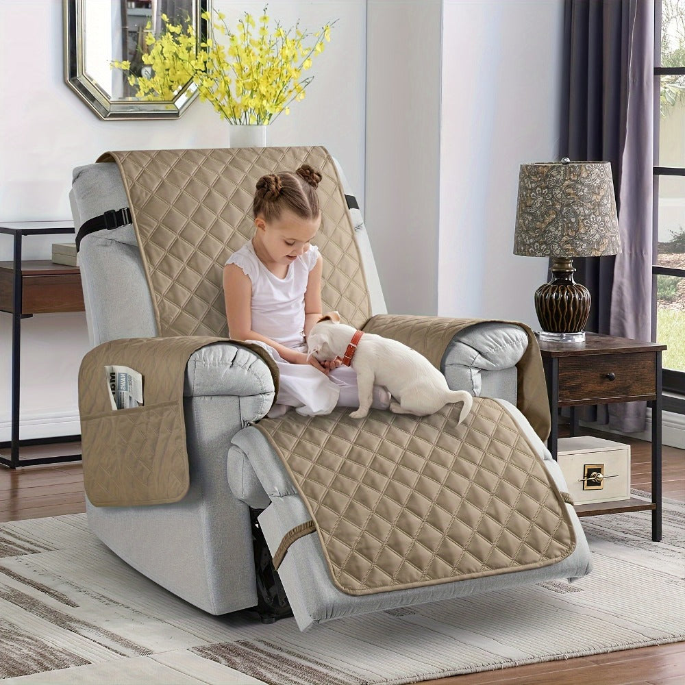 Waterproof Recliner Chair Cover with Pocket | Non-Slip Washable Reclining Sofa Protector for Dogs Cats, Adjustable Strap