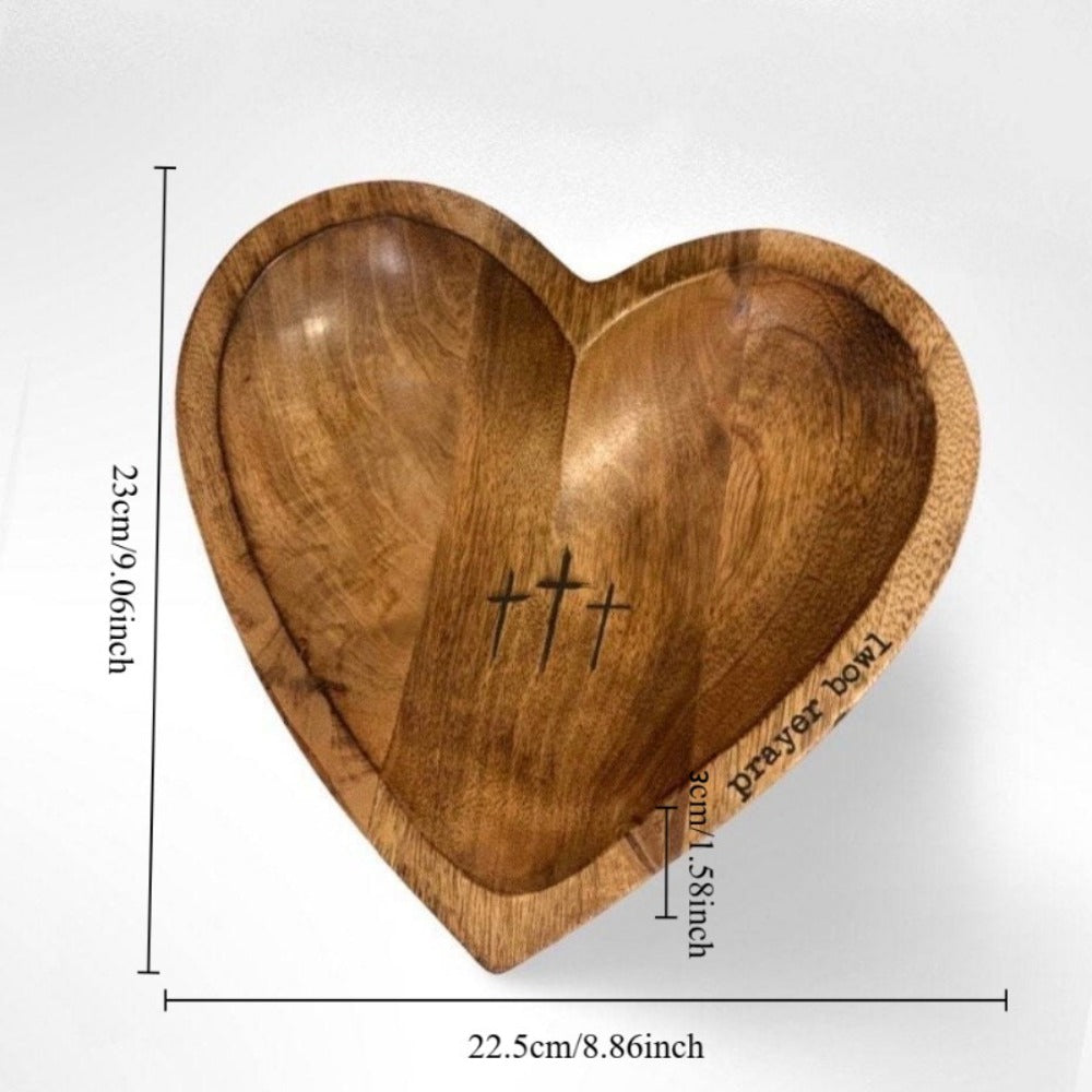 Wooden Prayer Bowl with 24 Prayer Cards ¨C Hand-Carved Heart Shaped Cross Engraved Vintage Religious Gift Set for Easter, Christmas, Thanksgiving, Home Altar & Prayer Room Tabletop Decor