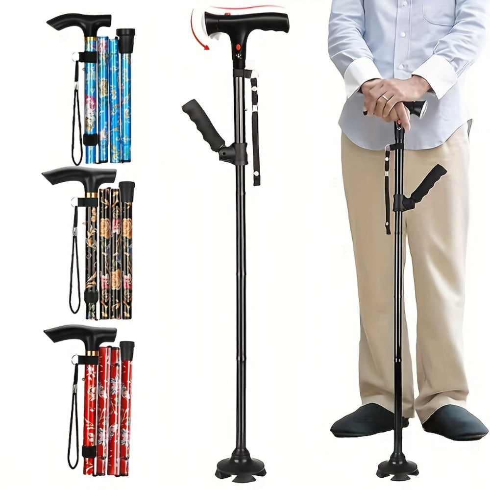 Foldable Walking Cane for Seniors Adjustable Height Folding Stick with Wrist Strap T-Handle Printed Design Portable Lightweight Mobility Aid Gift for Parents