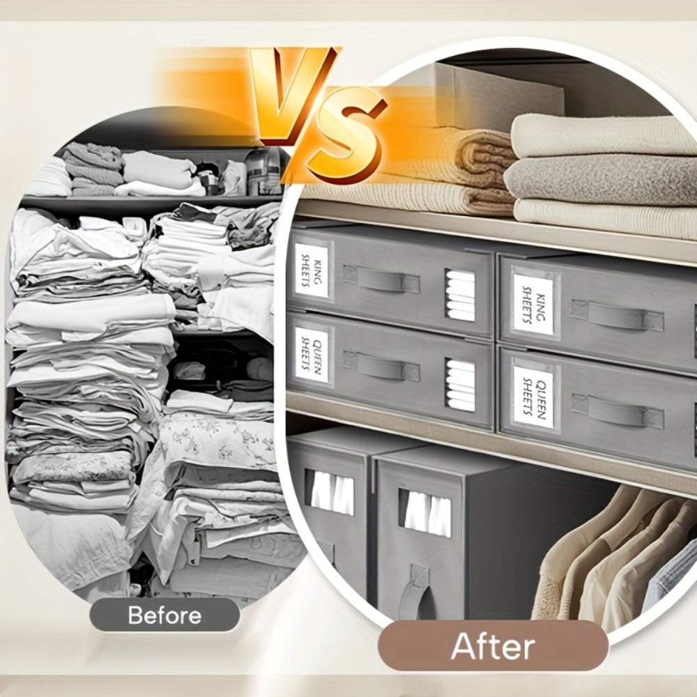 Bed Sheet Storage Organizer Boxes 4-Pack Foldable Fabric Bins with Clear Window & Label, Closet Bedding Storage Box for Sheets Duvet Covers Blankets Pillowcases, Oxford or Non-Woven, Grey Beige