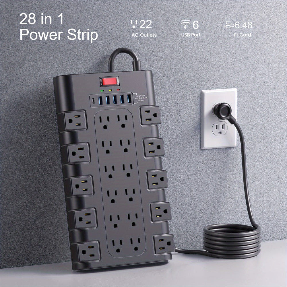 Power Strip Surge Protector 28-in-1 with 22 Widely Spaced Outlets 5 USB-A 2 USB-C Ports 2100 Joules Flat Plug Wall Mountable 6.48FT 14AWG Heavy Duty Extension Cord for Home Office