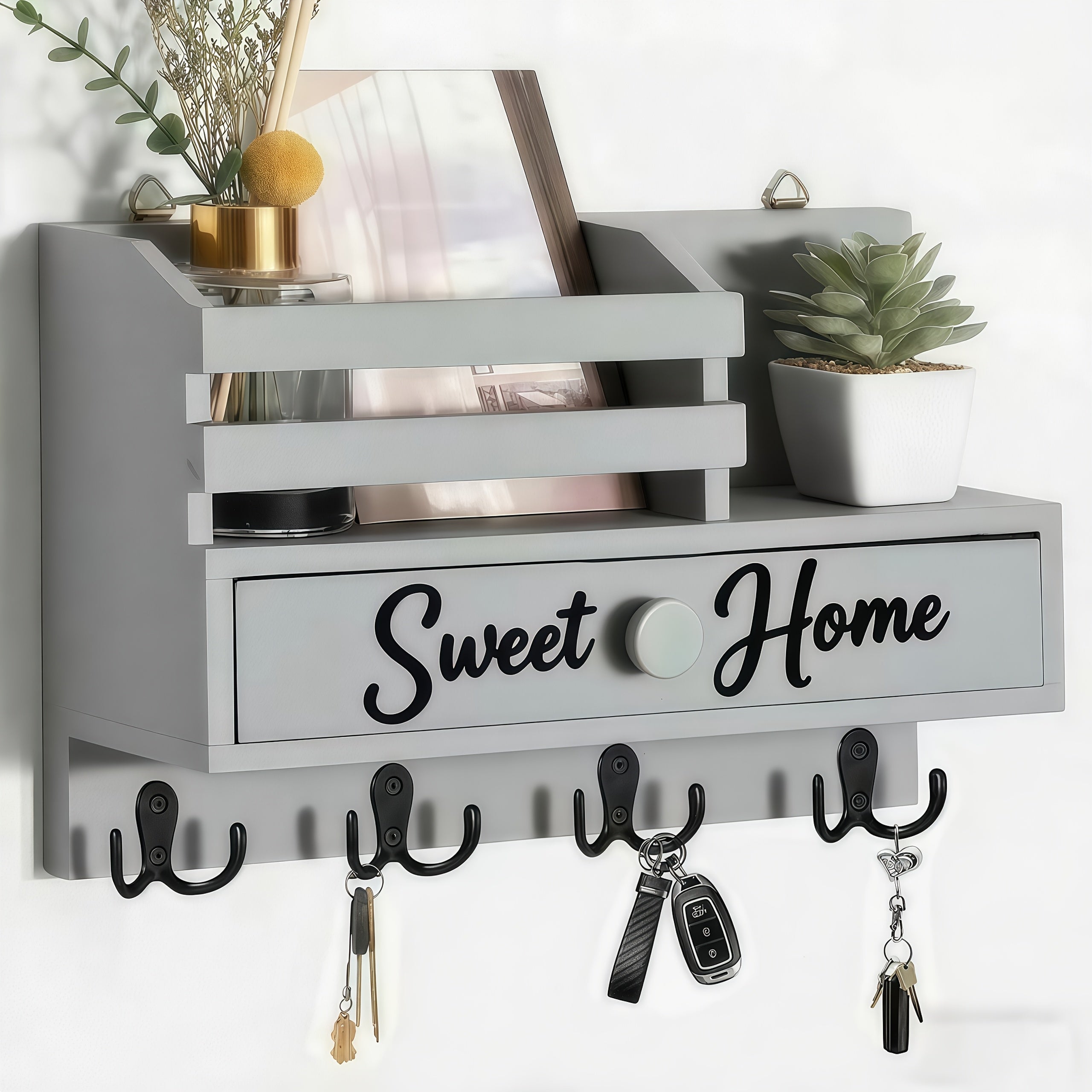 Key Holder for Wall with Drawer 8 Hooks ¨C Rustic Wood Wall Mounted Key & Mail Organizer for Entryway, Kitchen, Mudroom, Office, Adhesive & Paintable Hooks, Space Saving Entryway Decor Storage