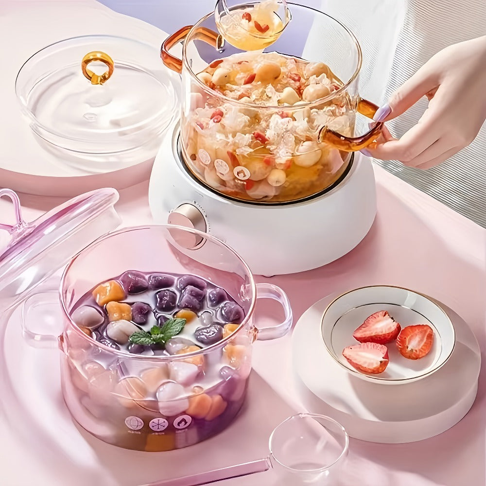 Pink Glass Cooking Pot with Heart-Shaped Lid 1500ml - Multifunctional Boiling Stewing Pot for Pasta Soup Congee Noodles Compatible with Electric Ceramic Stove (Pink)
