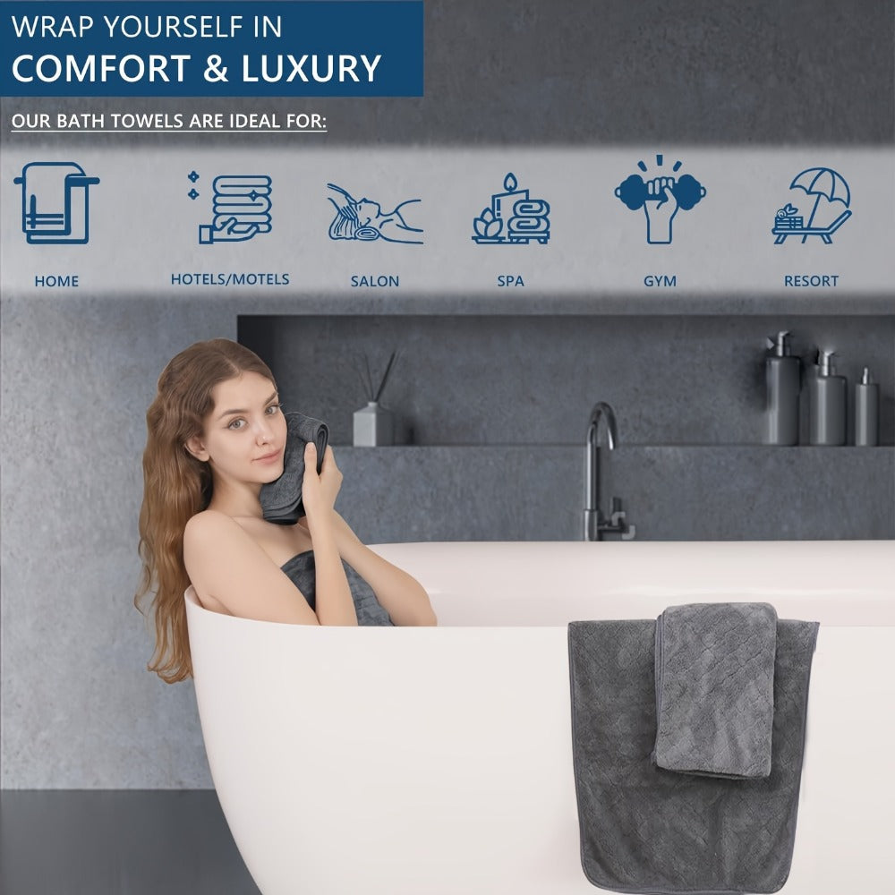 Oversized Bath Towel Set 4 Piece Diamond Pattern Microfiber - Ultra Soft Highly Absorbent Quick Dry | 10 Colors | Blue Green Black Gray Navy Orchid Brown Purple White Turquoise | Bathroom Hotel Gym Gift