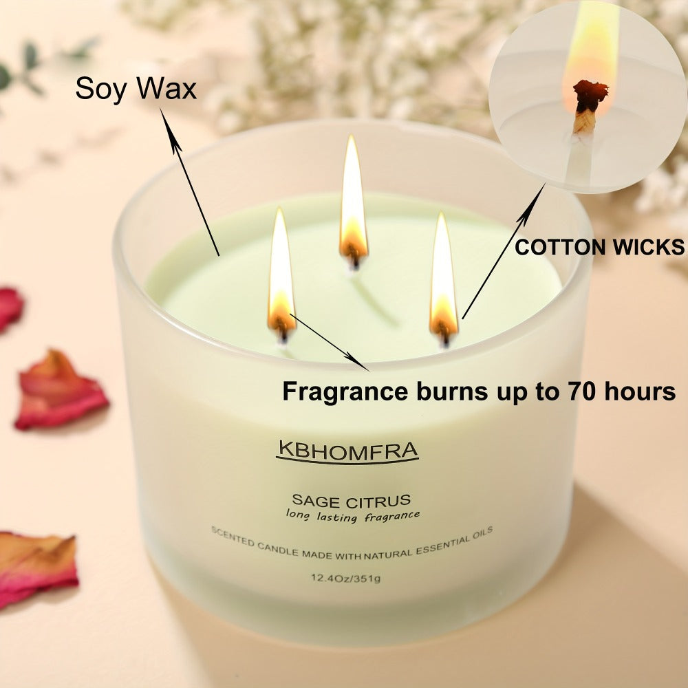 Scented Candles 3-Wick Large Soy Wax Candle 12.4oz - 70 Hour Burn Time, Natural Soy Blend & Beeswax, Luxury Gift Box, 6 Scents: Vanilla Coconut, Lemon Lavender, Jasmine, Citrus Sage, Pink Sands, Gardenia