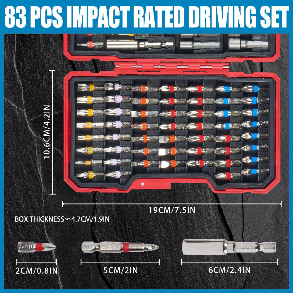 83-Piece Impact Driver Drill Bit Set S2 Steel Cross Slotted Square Star Hex Torx Bits with Magnetic Holder for Home Improvement DIY Projects