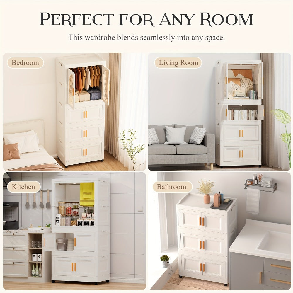 Folding Wardrobe Storage Cabinet on Wheels with Magnetic Door, Hanging Rod & Shelves ¨C 25.6¡± Wide Portable Closet Organizer
