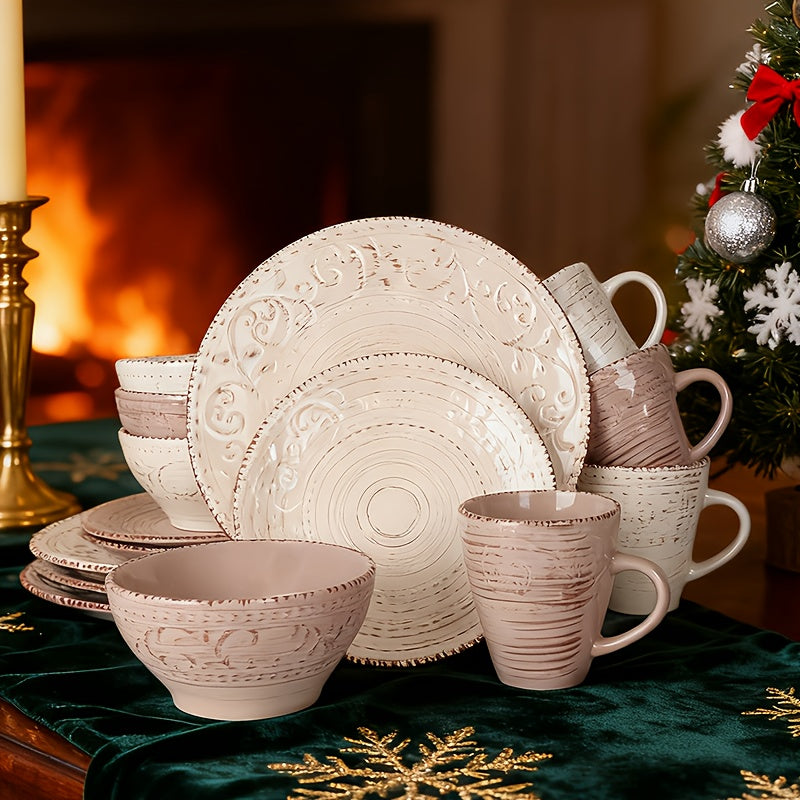 16-Piece Ceramic Dinnerware Set Service for 4 ¨C Stoneware Plates Bowls Mugs Chip Scratch Resistant Dishwasher Microwave Safe Holiday Gift