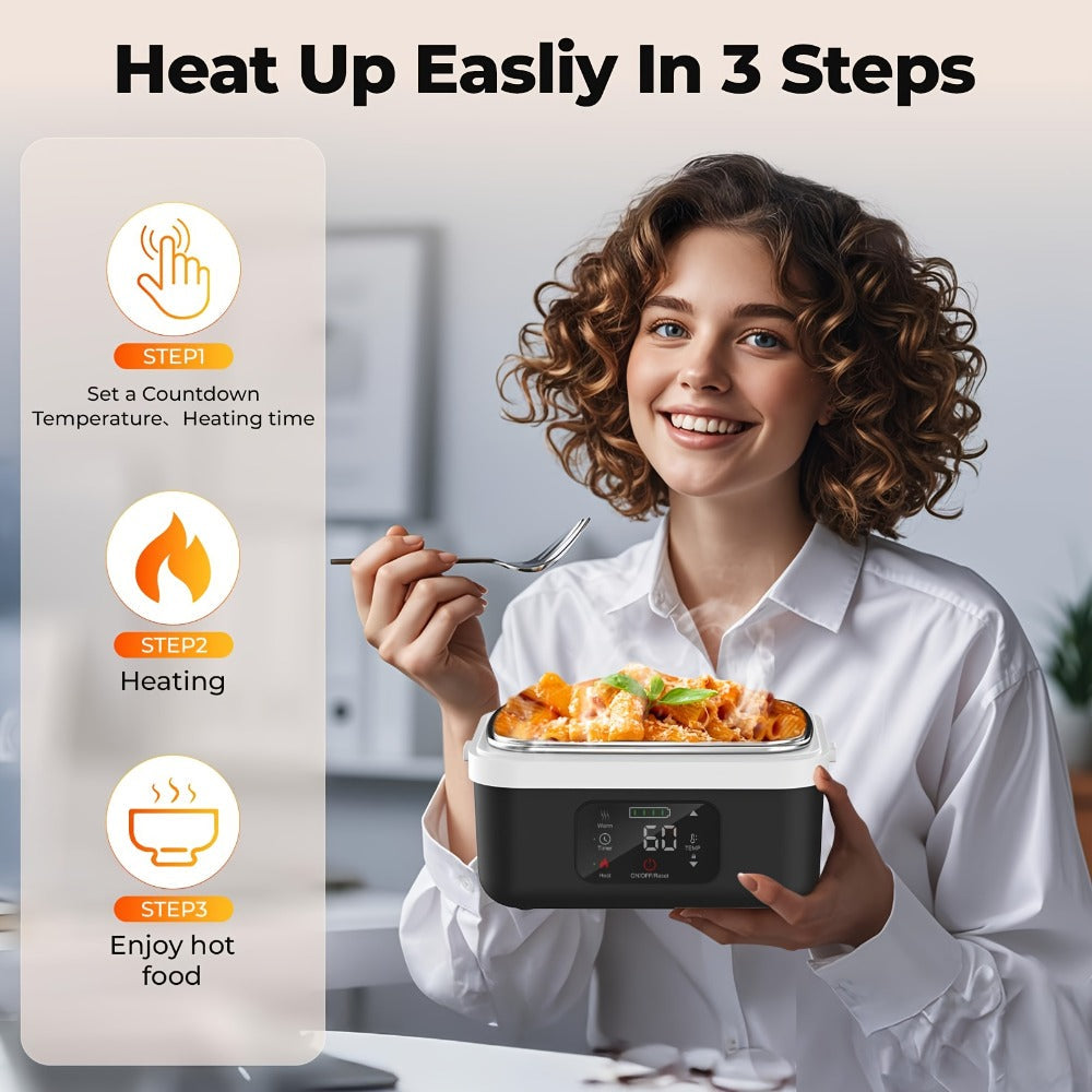 Wireless Heated Lunch Box 8000mAh Battery Powered - 60W Electric Food Warmer 1L Stainless Steel with Smart Timer 8 Settings and Power Bank Function, Portable Lunch Heater for Office Car Truck and Travel, BPA-Free with Fork Spoon and Insulated Bag