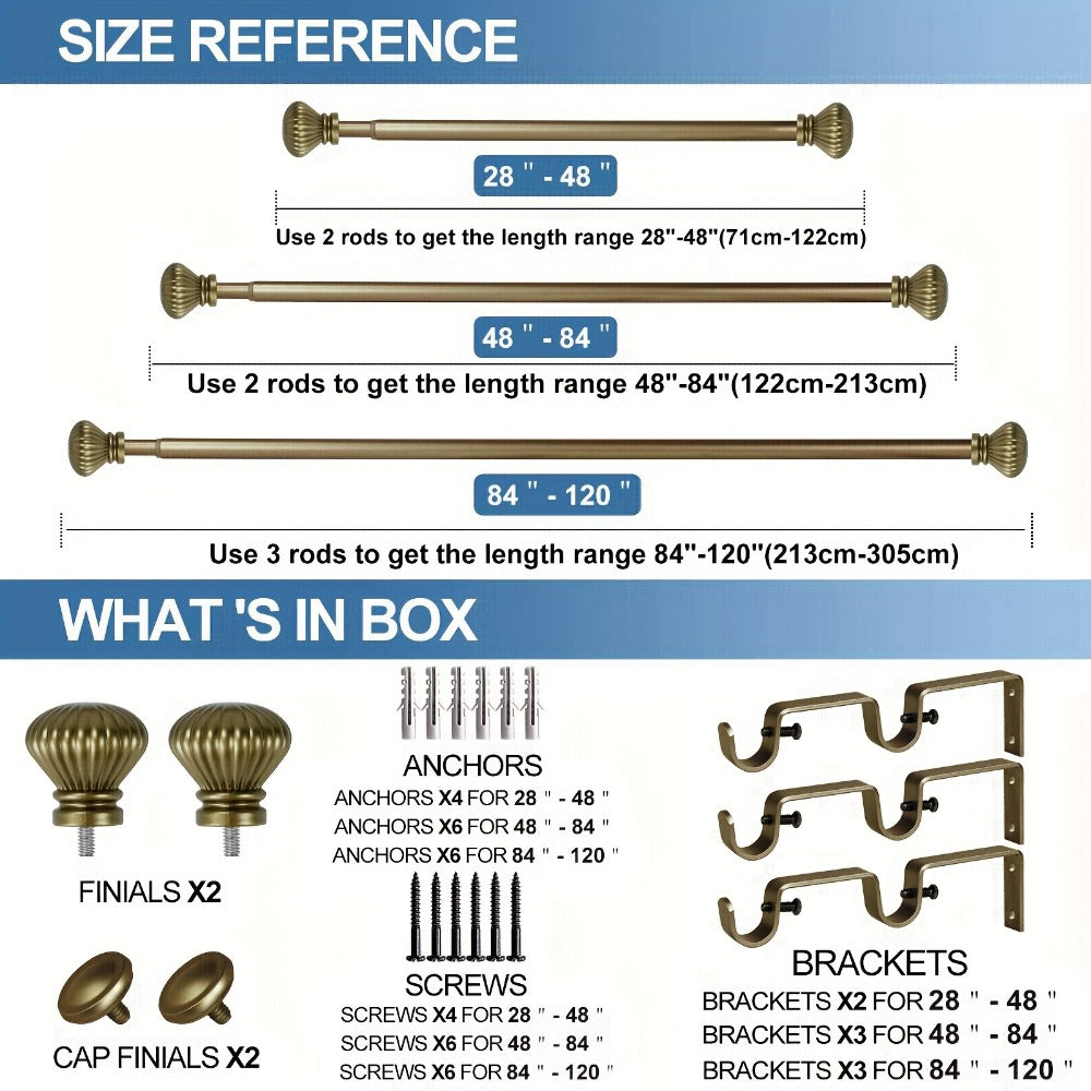 Double Curtain Rod Set Adjustable with Fluted Ball Finials Double Brackets 4 Colors 2 Sizes Window Curtain Hardware