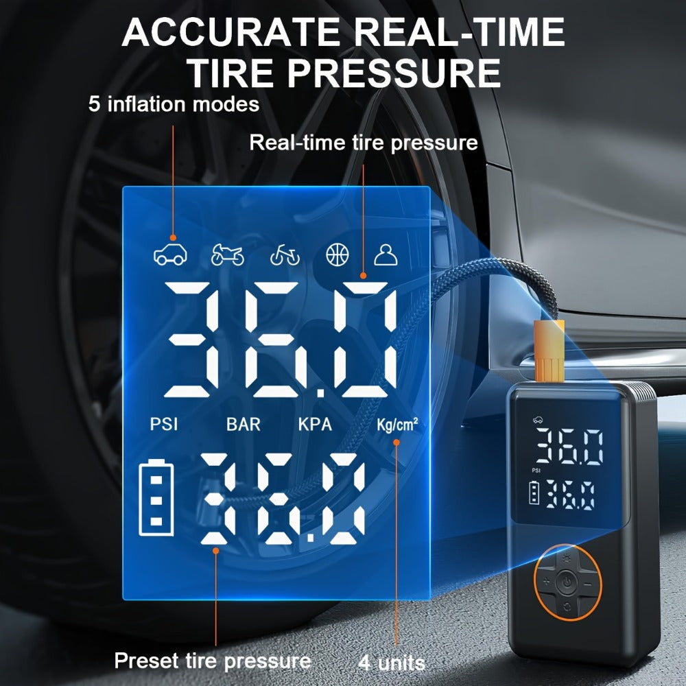 Portable Tire Inflator Cordless 150PSI Electric Air Compressor Pump with LCD Display, Auto Shut-Off, LED Light & Preset Pressure for Car Motorcycle Bike Sports Ball Camping Outdoor Emergency