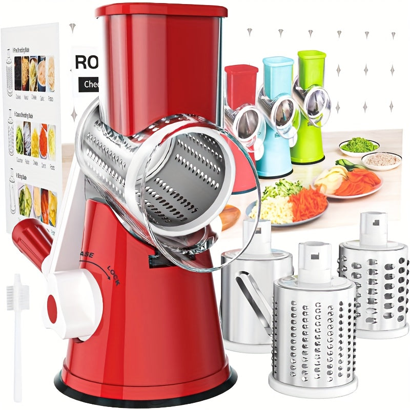 Rotary Cheese Grater with Hand Crank ¨C 3 Interchangeable Blades for Cheese, Vegetables & Nuts, Non-Slip Suction Base, Includes Cleaning Brush ¨C Manual Cheese Shredder for Kitchen (6 Colors)