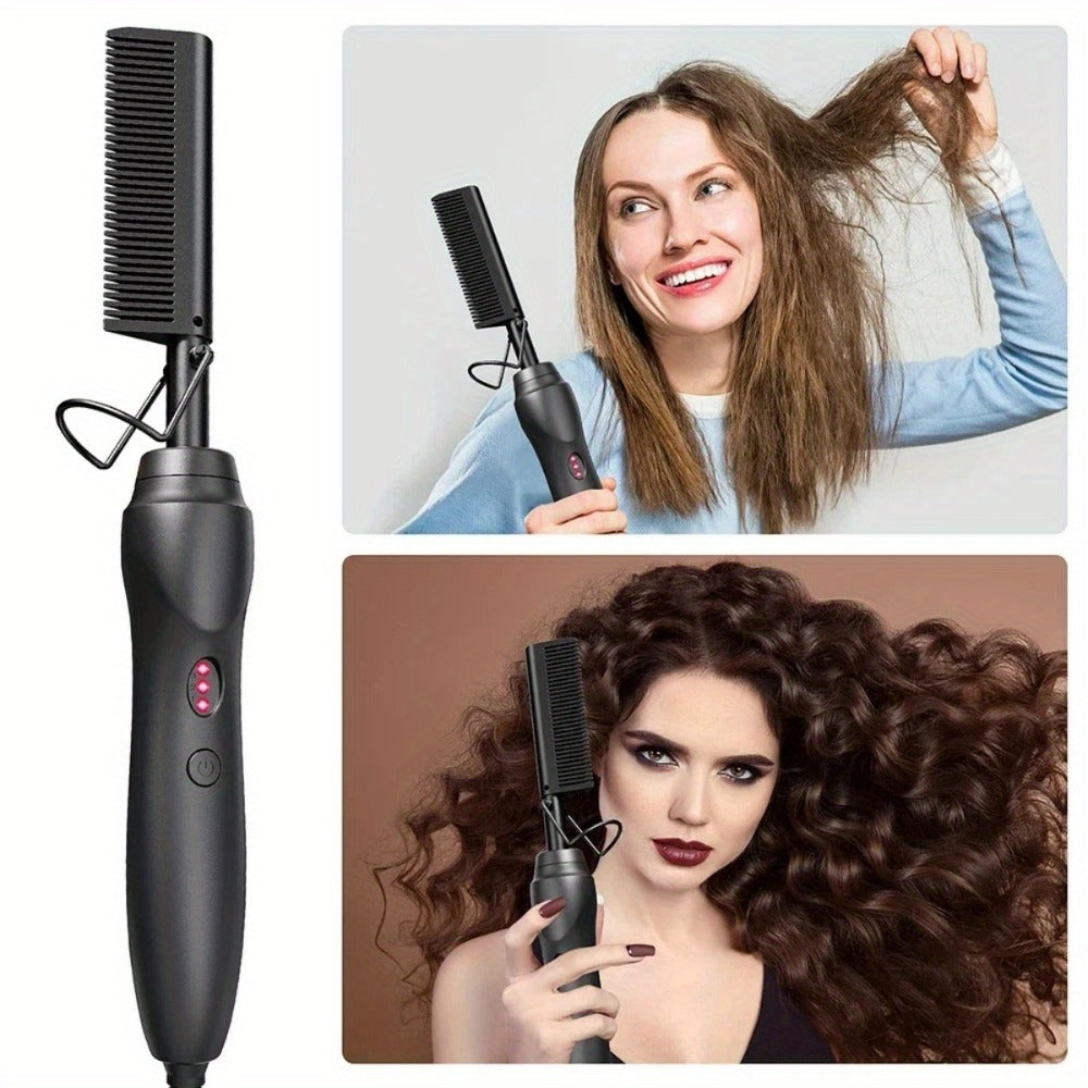 Electric Hot Comb Hair Straightener Ceramic Copper Heating Plate Portable Heat Press Comb for Curl Straight Style Beard Wig Wet Dry Hair Styling Tool for Women Men