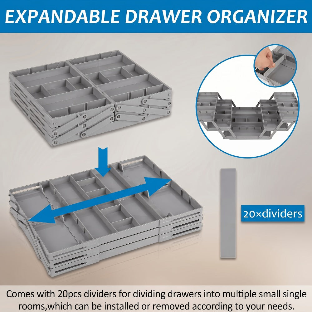Collapsible Drawer Organizer Box, Double Row Expandable Desk & Drawer Storage with ABS Material, Jewelry Cosmetics Home Office Organizer