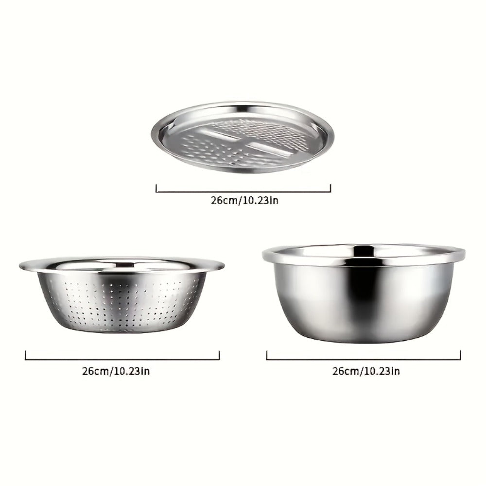 Stainless Steel 3-in-1 Kitchen Prep Set with Mixing Bowl Built-In Grinder Multi-Layer Slicer and Drainage System Food Safe Prep Bowl for Fruits Vegetables Cheese