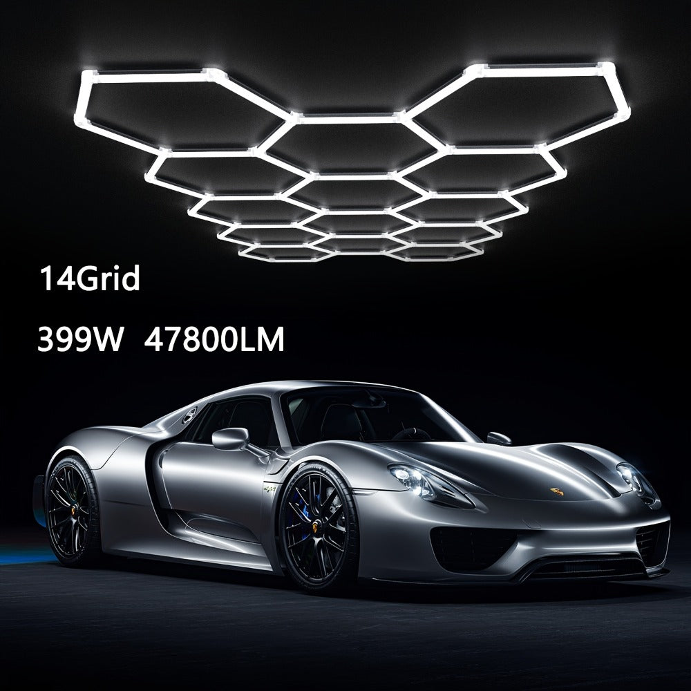 LED Hexagonal Garage Light 6500K ¨C Super Bright Daylight White Shop Light 42W¨C620W for Auto Detailing, Warehouse, Workshop, Basement & Gym (1 to 32 Grids, Hex Frame Available)