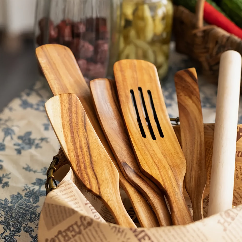 Wooden Kitchen Utensils Set 5pcs - Teak Spurtles Spatulas Spoons for Nonstick Cookware, Heat Resistant Non-Scratch Wood Cooking Tools