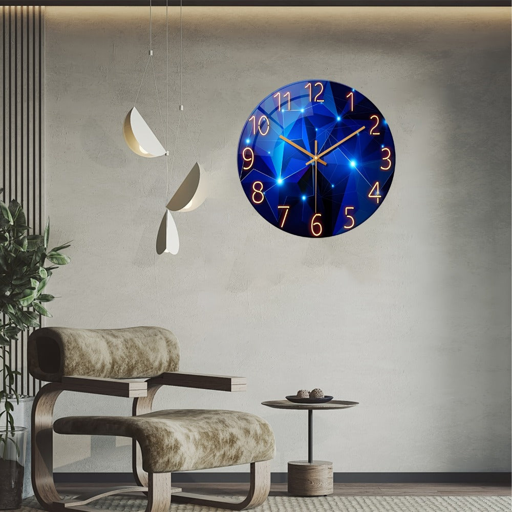 Modern Blue Glass Wall Clock Silent Non-Ticking Quartz Movement Battery Operated Tempered Glass Large Wall Clock for Living Room Bedroom Office Home Decor Gift