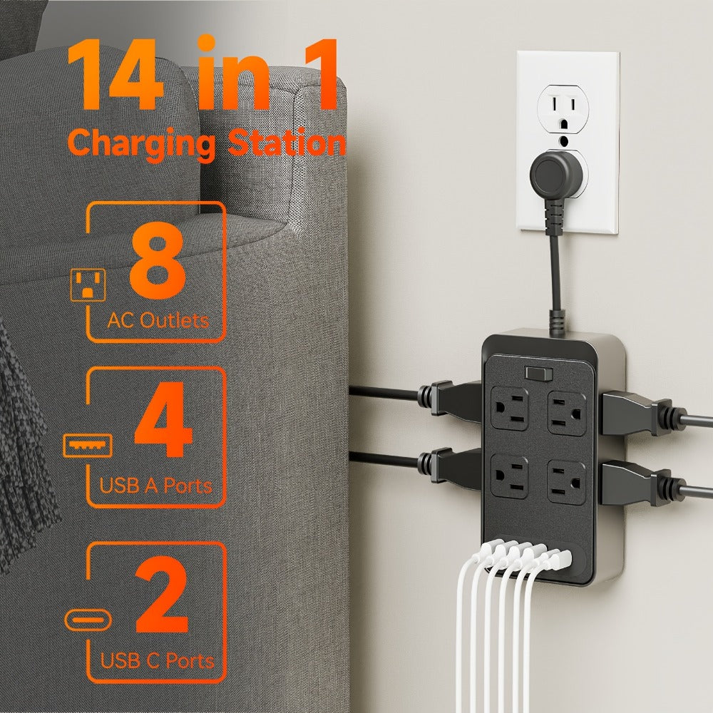 Power Strip Outlet Extender Surge Protector 8 AC Outlets 6 USB Charging Ports 4 USB-A 2 USB-C 3 Inch Short Cord Desk Charging Station for Home Dorm Office Travel White Black