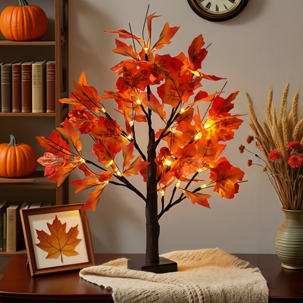 LED Maple Leaf Tree Decor Light Up Desktop Ornament 2 Pack | 24 LED Battery Powered Warm Light | Autumn Thanksgiving Table Lamp for Home Bedroom Party Wedding Holiday Gift
