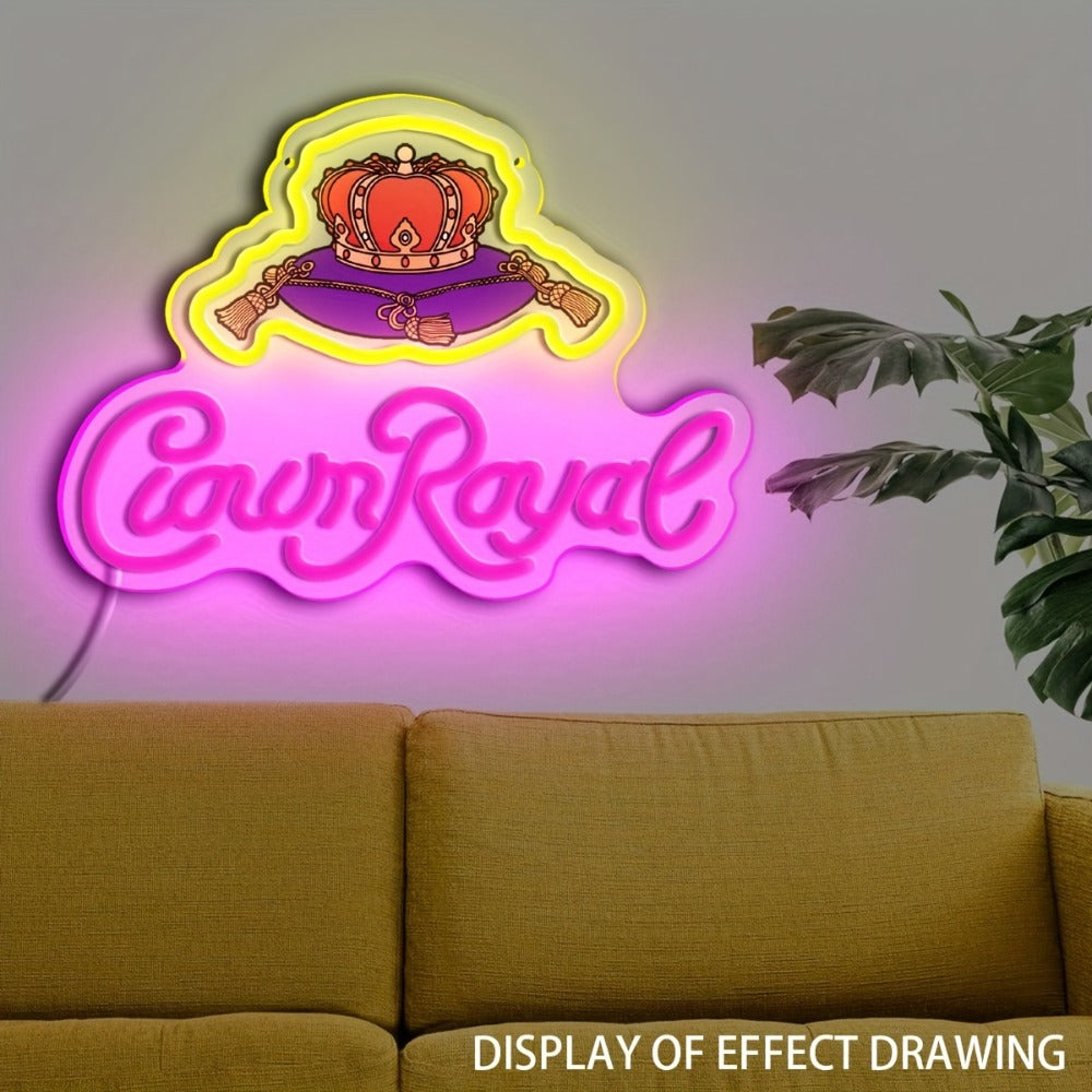 Crown Royal Neon Sign USB Powered LED Wall Art Glow Pendant Pink Orange UV Print for Game Room Bar Bedroom Birthday Party Decor Wall Decor Colorful