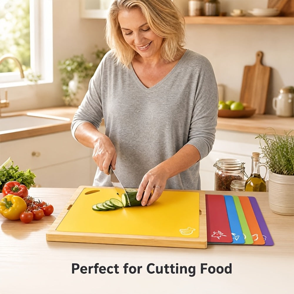 Bamboo Cutting Board Set for Kitchen ¨C Food-Safe Cheese Platter & Charcuterie Board for Meat, Cheese, Bread, Vegetables & Fruits, Perfect Home Kitchen Gadget or Housewarming Gift, 1pc or 7pcs Set