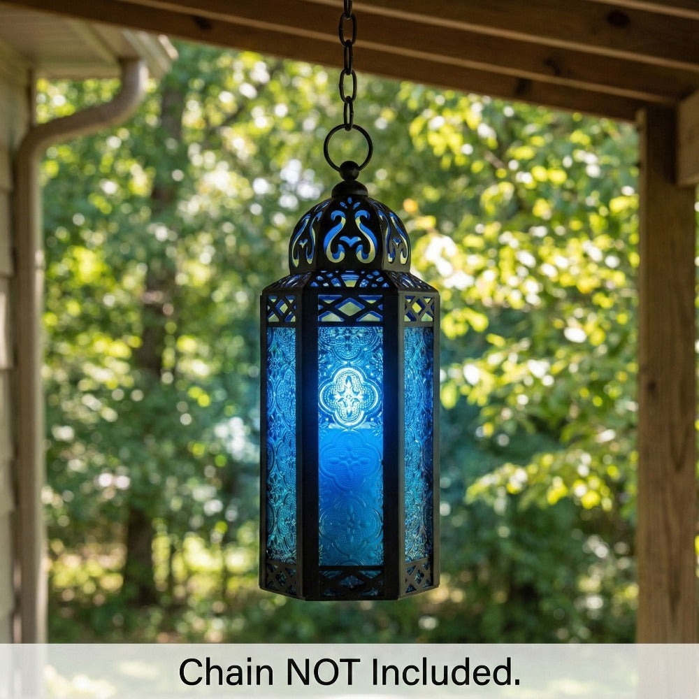 Moroccan Candle Lantern Holder - Decorative Metal & Glass Lantern with Embossed Floral Design for Indoor Home Decor, Garden, Patio, Weddings, Ramadan, Halloween & Holiday Celebrations - 10.5¡± Tall Medium Size