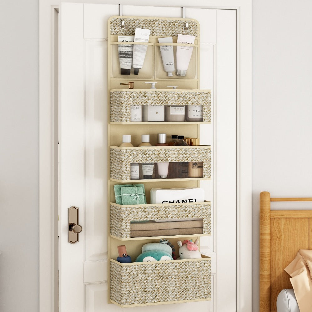 2-Pack Over-The-Door Hanging Organizer with 5 Shelves & 4 Clear Pockets ¨C Beige Rattan Storage Rack for Closet, Bedroom & Bathroom