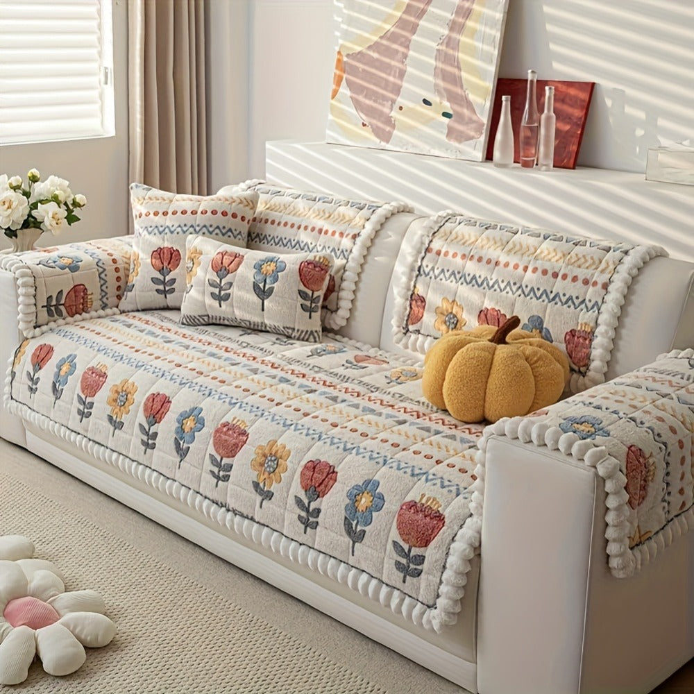 Bohemian Floral Quilted Sofa Cover - Thick Milk Fleece Warm Cozy Couch Protector Machine Washable with Ruffle for 2 3 4 Seater Living Room Decor, White