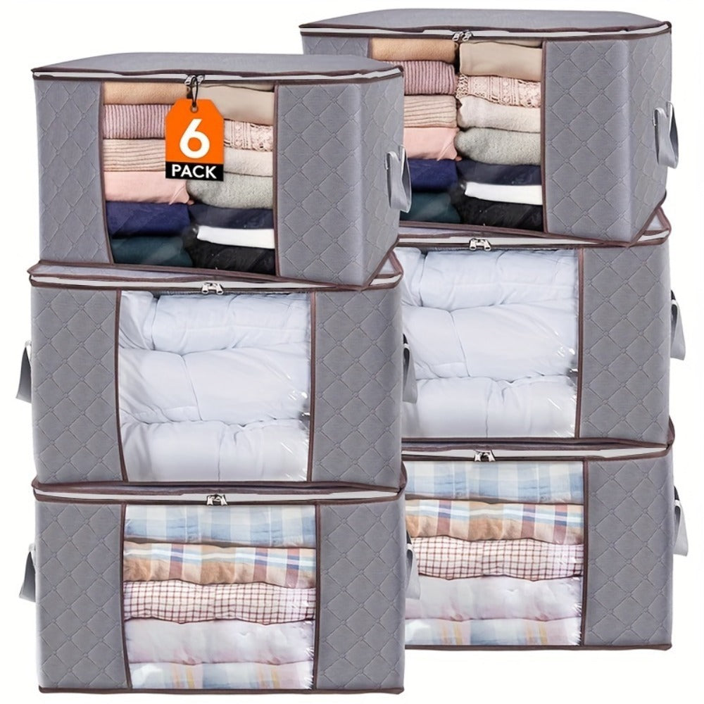 6pcs Extra Large Storage Bags with Zipper Closure, Heavy-Duty Non-Woven Fabric Quilt Blanket Clothes Organizer Bags, Rectangular Foldable Seasonal Closet Storage Bags Set for Home Organization