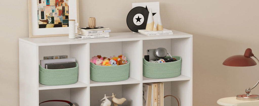 Woven Storage Baskets 6-Pack Cotton Rope Cube Bins 11x7x5¡± | Handmade Small Shelf Baskets for Organizing Closet Bedroom Living Room Playroom | Round Decorative Storage Caddy Multiple Colors