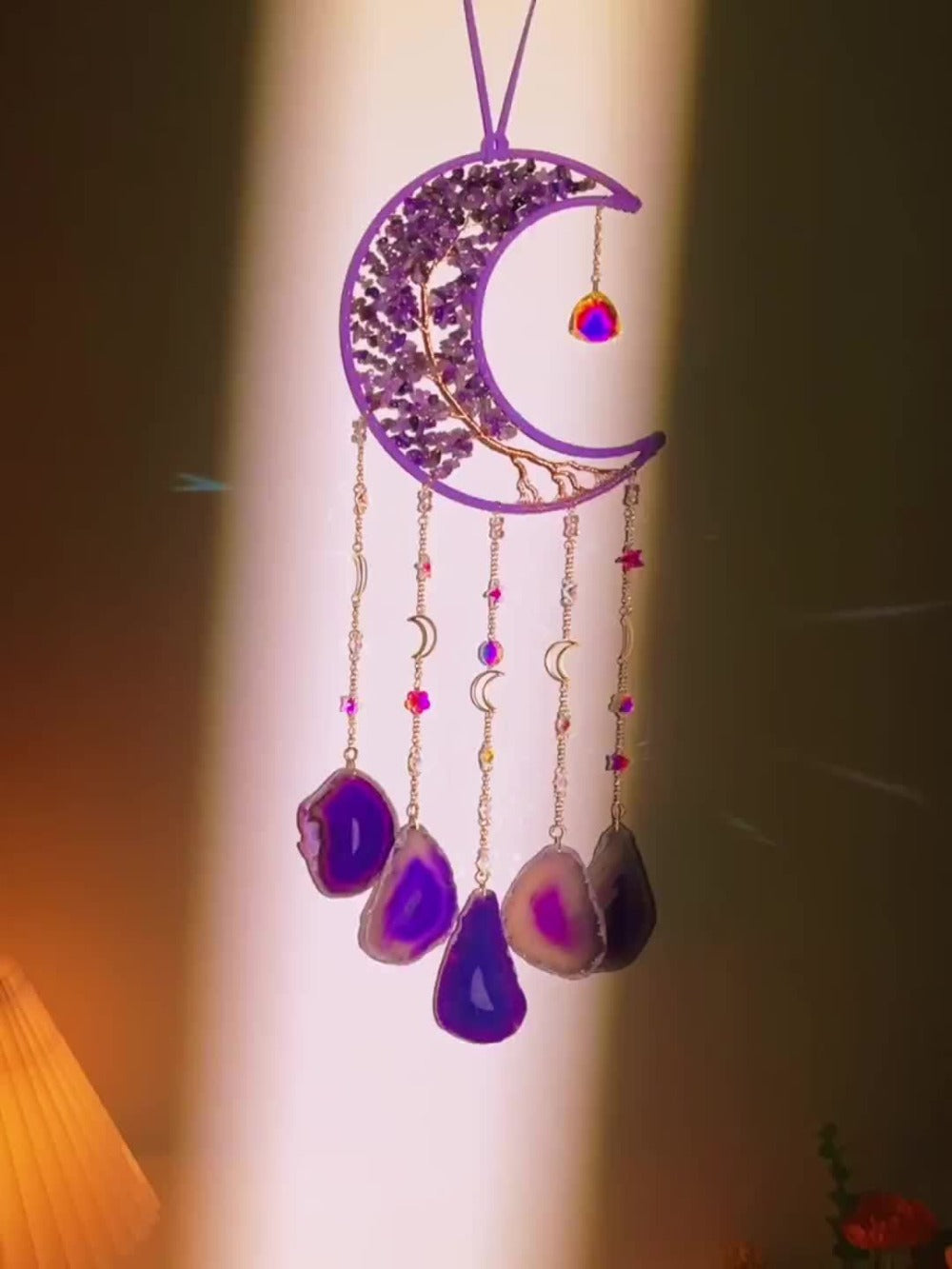 Moon Agate Tree Hanging Ornament Handmade Boho Suncatcher Wall Decor - Crystal Window Sun Catcher Gift for Mom Friends Women Birthday Christmas Holiday Home Decoration