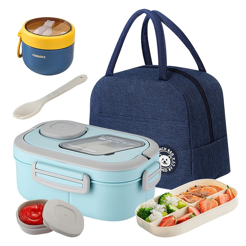 Bento Box 2-Layer with Multiple Compartments - Complete Set with Cup Bag Cutlery and Sauce Box, Microwave Safe Lunch Box for School Work and Outdoor Meals, Leak Proof Temperature Retentive Food Container Available in White Pink and Blue