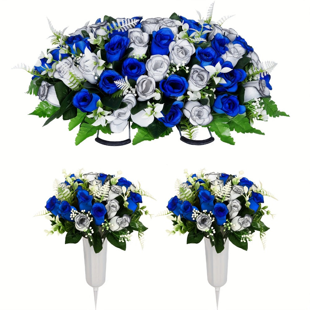 Artificial Cemetery Flowers for Grave with Saddle, Silk Rose Bouquet Headstone Decoration, Memorial Day Grave Flowers, Outdoor Grave Marker Floral Arrangement, 1/2/3 PCS