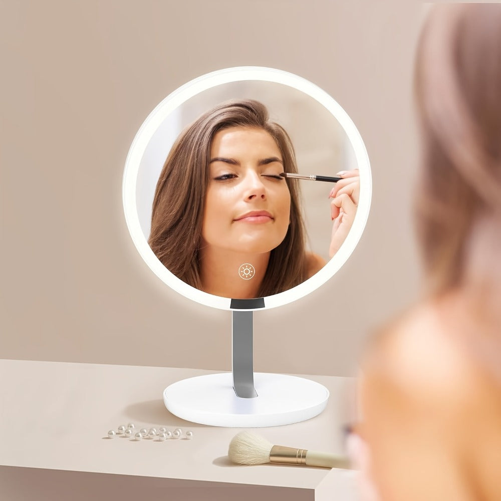 LED Makeup Mirror with Lights & 10X Magnification - Touch Dimming Desktop Vanity Mirror, Adjustable Brightness, Portable Handheld Design for Bathroom, Bedroom & Office, Ideal Gift for Women