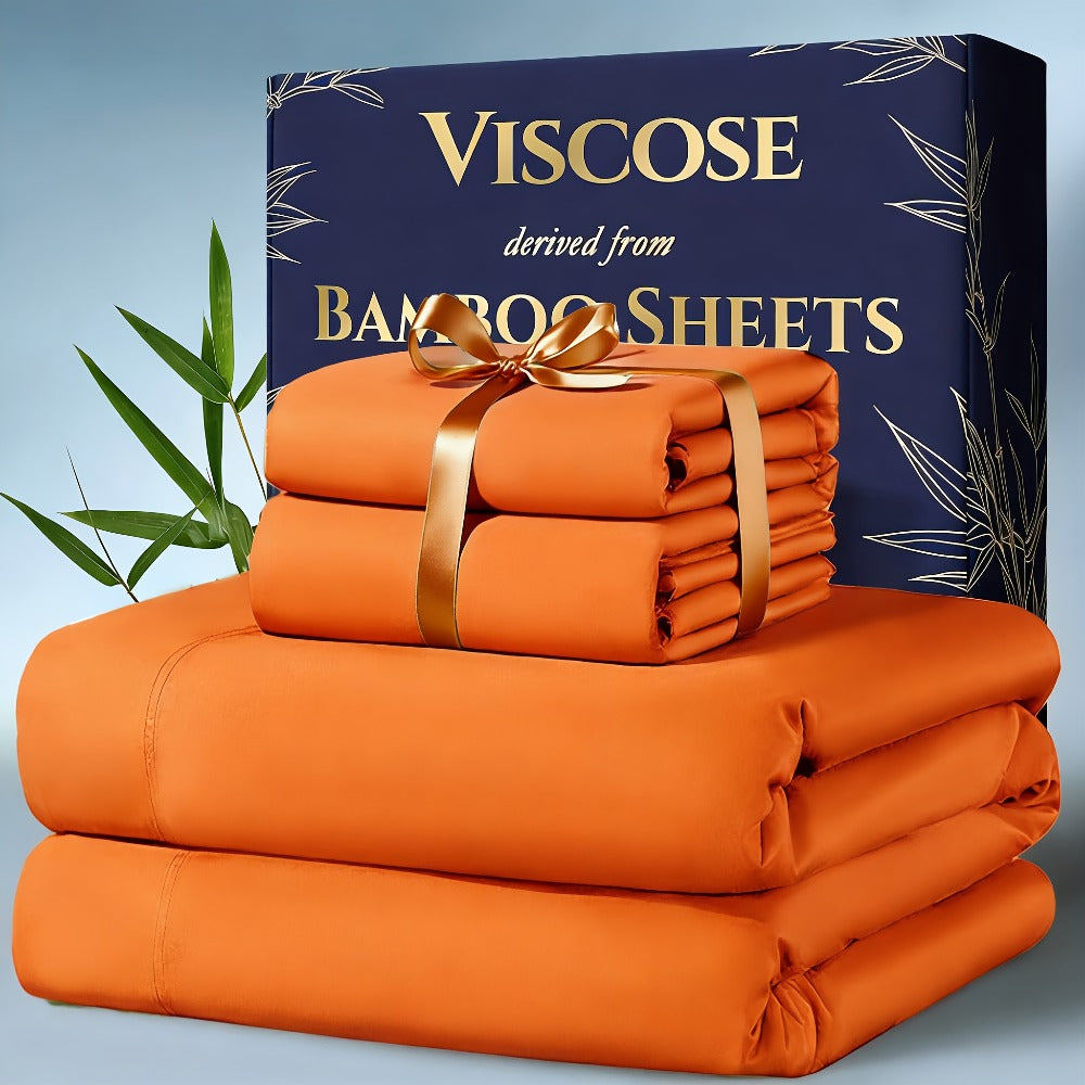 Bamboo Cooling Bedding Set 4pcs - Deep Pocket Fitted Sheet, Flat Sheet & Pillowcases for Hot Sleepers, Breathable Soft Viscose Sheets Twin Full Queen King