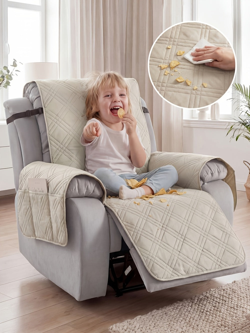 Recliner Cover Quilted with Side Pocket - Anti-Slip Elastic Band Pet Friendly Sofa Chair Protective Slipcover Easy Install for Living Room Home Decor, 6 Colors