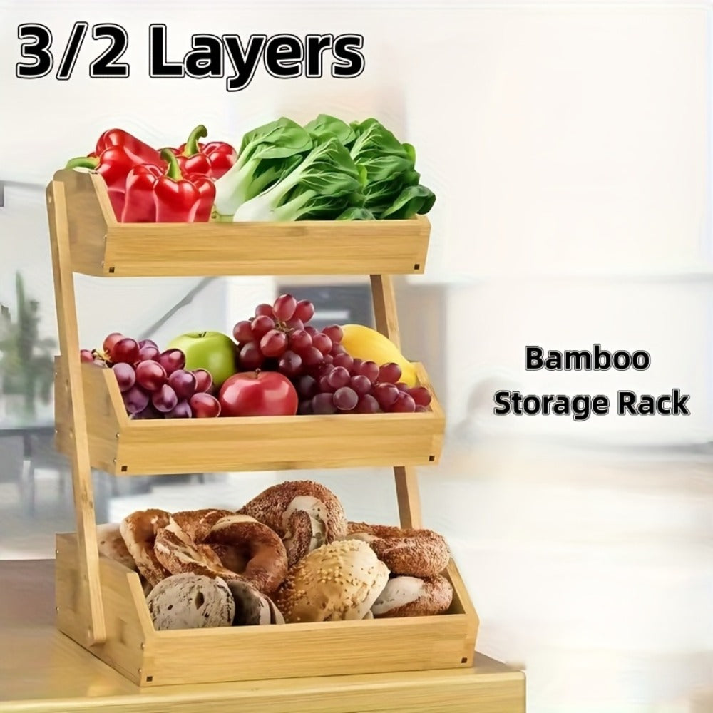 Bamboo Fruit Storage Rack 2-3 Tier with Hooks, Kitchen Counter Organizer for Fruits Vegetables Bread Spices, Freestanding Shelf Basket Display Stand