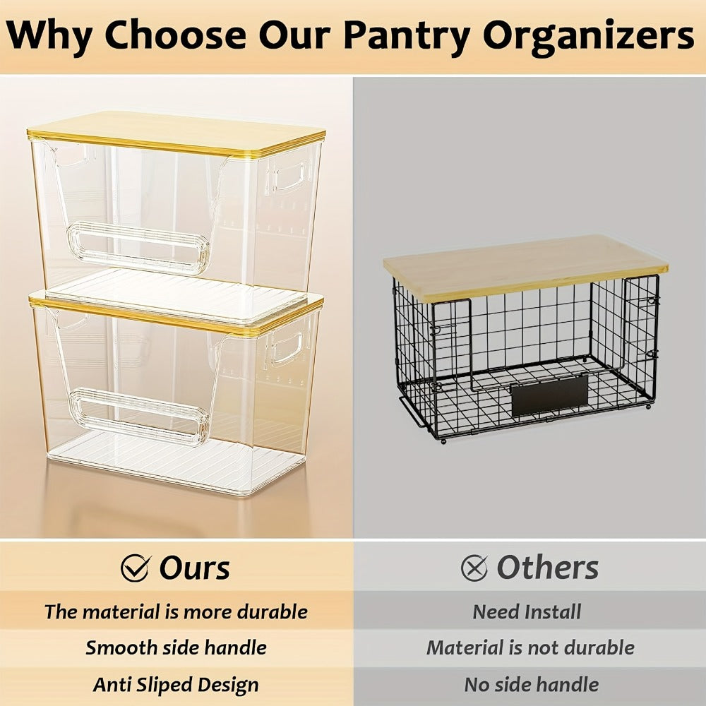 Clear Stackable Kitchen Pantry Organizer 2 Pack with Bamboo Top Durable PET Storage Bins for Onions Potatoes Fruits Vegetables Space Saving Ventilated Produce Organizer